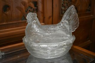 Vintage Indiana Large Clear Glass " Nesting Hen " Chicken Covered Dish,  Press Glass