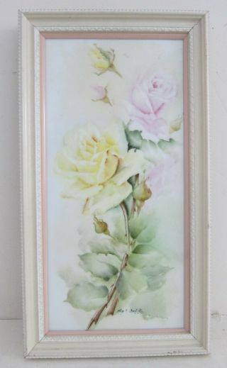 Pink & Yellow Roses Vintage Hand Painted Porcelain Tile Wall Plaque Framed 7x13