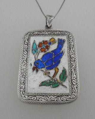 Vintage Antique Art Deco Sterling Silver & Enamel Bird Necklace Pendant (d43