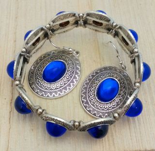 Vintage Czech 1970s Cobalt Bristol Blue Cabochon Vintage Style Bracelet Earrings