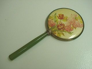Antique/vintage Magnifying Hand Mirror W/green Bakelite Handle - Brass Trim - Floral