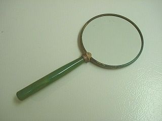 Antique/Vintage Magnifying Hand Mirror w/Green Bakelite Handle - Brass Trim - Floral 2