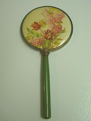 Antique/Vintage Magnifying Hand Mirror w/Green Bakelite Handle - Brass Trim - Floral 4