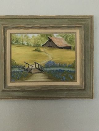 Vintage Signed Oil Texas Bluebonnet Landscape Framed Painting -