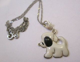 Vintage Solid Silver Enamel Dog Pendant And Chain Very Cute