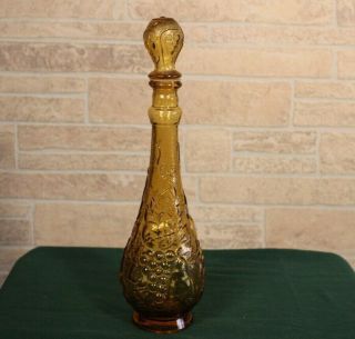 Vintage Amber Yellow Glass Wine Decanter Genie Bottle W Raised Fruit Designs