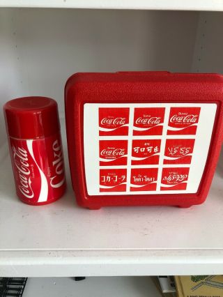 Vintage Coca Cola World Trademark Logos Lunchbox With Thermos -