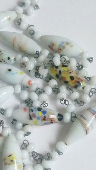 Vintage Art Deco Glass Bead Necklace Wired White Splatter End Flapper 20s Milk