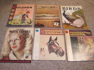 Six Vintage How To Draw Books 1950s Water Colors Animals Birds Children Others
