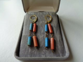 Vintage Antique Victorian Natural Turquoise & Coral Long Drop Earrings
