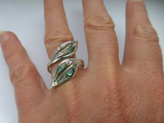 Vintage Silver Handmade Artisan Mexican Taxco Abalone Leaf Ring Adjustable