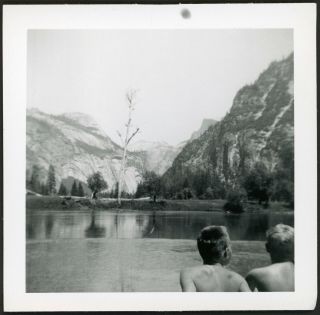 Boys With Back To Camera Facing Mountains In Yosemite Vintage Snapshot Photo