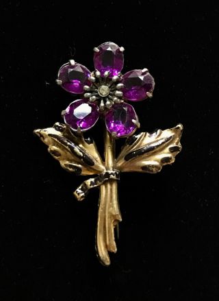 Antique Or Vtg Gold Tone Purple Stone Flower Brooch 3 " M005