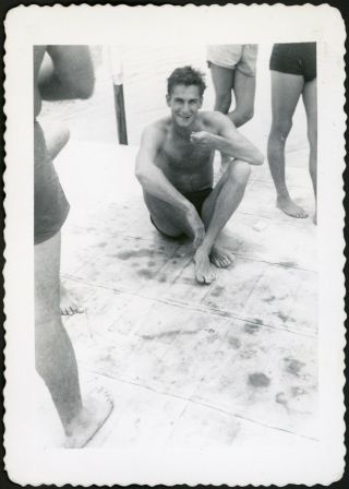 Shirtless Gi Swimmer Man In Swimsuit By Pool Crotch View.  Vintage Photo Gay Int