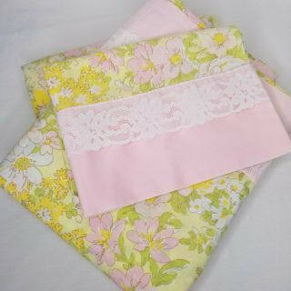 Vintage Twin Bed Sheet Set Floral Lace Pink Green Yellow White Flowers Sears Usa