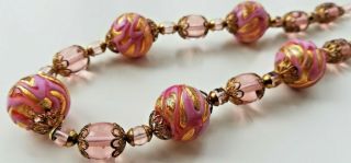 Pretty Vintage Glass Bead Necklace Pink And Gold Swirls