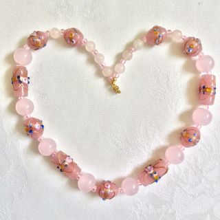 Vintage Jewellery Pink Glass Wedding Cake Bead Roses & Gold Swirl Necklace