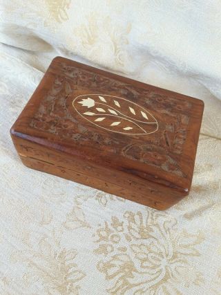 Vintage Hand Carved Wooden Hinged Box With Mother Of Pearl Inlays Made In India