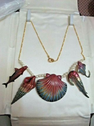 Vintage Gilt Enamel And Pearl Necklace - Shells And Fish Detail
