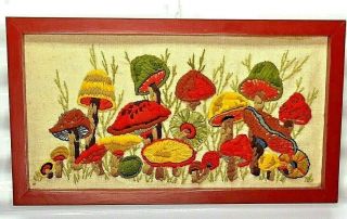 Vintage Crewel Embroidery Picture Mushrooms Framed 21 " X 12 " Retro