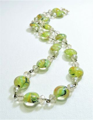 Vintage Green & Multi Color Swirled Lampwork Art Glass Bead Necklace Au19362