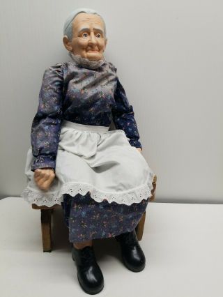 Old Grandma Woman Sitting Bisque/porcelain Doll Faded Calico Dress W/ Apron