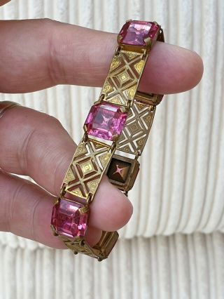 Vintage Art Deco Jewellery Crafted Sparkling Pink Sapphire Crystal Gold Bracelet