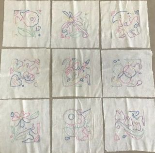 Vintage Hand Made Baby Child’s Nursery 9 Quilt Blocks Each 9 1/4”x9 1/4” Flowers