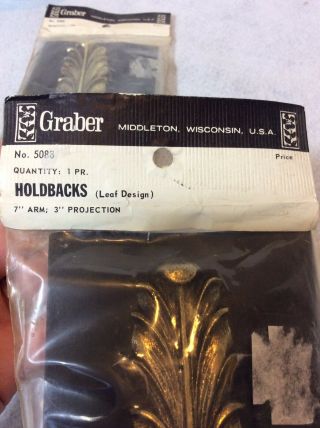 Vintage Ornate Brass Curtain Holdback Hooks - Tie Backs - Set of 4 Leaves,  NIP 2