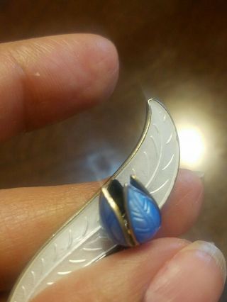 Stunning vtg Norway sterling Silver 925S blue enamel guilloche Leaf pin brooch 3