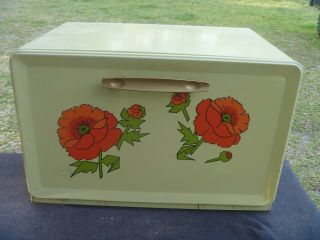 Vintage Retro Ransburg Yellow Metal Red Poppy Flowers Bread Box W Shelf & Board