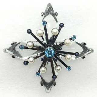 Vintage Star Flower Brooch Pin Clear Lucite Blue Rhinestone Faux Pearl Jewelry