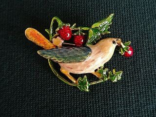 Vintage Enamel Bird Dangling Strawberry Costume Jewelry Brooch Marked Si