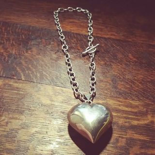 Vintage Taxco Mexico Huge Sterling Silver Puffy Heart Pendant Toggle Necklace
