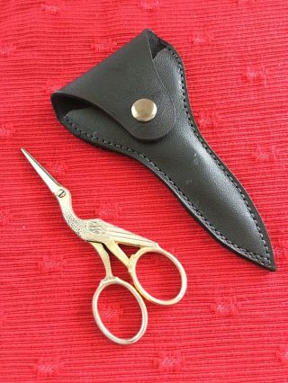 Vintage Marks 107 Germany Stork Bird Scissors Gold W/ Leather Case