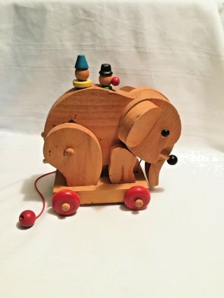 Vintage Montgomery Schoolhouse Inc.  Wooden Elephant Pull Toy W/ Clowns Vermont