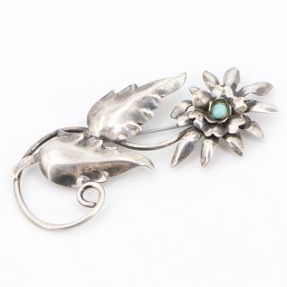 Vtg Sterling Silver Turquoise Stone Flower Floral Leaf Brooch Pin - 10.  5g