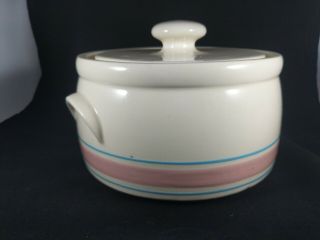 Vintage Mccoy Pottery Pink And Blue Stripes Covered Casserole - 1421