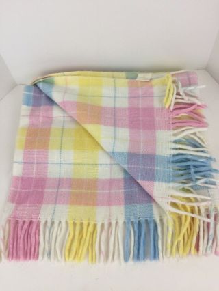 Vtg Tennessee Woolen Mills Acrylic Plaid Baby Blanket Pastel Fringe Made In Usa