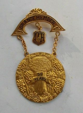 Rare Vintage Grange Member Badge Medal Pin 50 Years Masonic 2.  5 " Gold Filled Nr