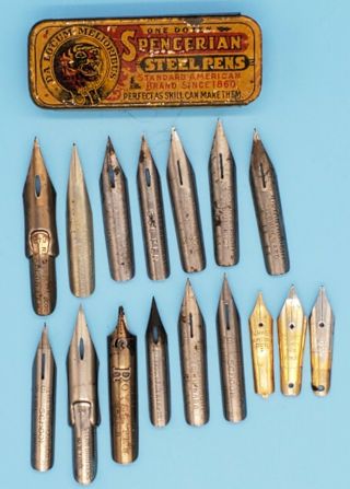 17 Vintage Silver Fountain Pen Nibs In Small Spencerian Steel Pen Metal Case