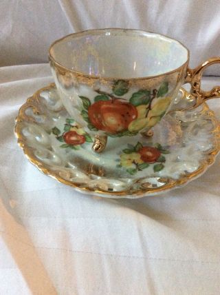 Vintage Classica 22 Carat Gold Fruit Design Footed Tea Cup & Saucer