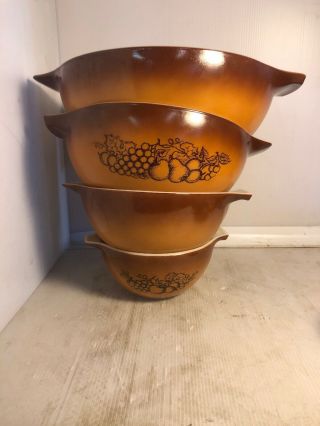 Vintage Pyrex Old Orchard Fruit Brown Nesting Mixing Bowls Set Of 4