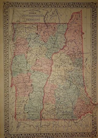 Vintage 1880 Hampshire - Vermont Map Old Antique Atlas Map 18