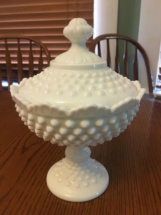 Fenton White Milk Glass Hobnail Footed Dish With Lid - Vintage - Compote