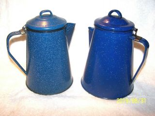 2 Vintage Blue & White Speckle Enamelware Coffee Pots Great For Camping,  Fishing.