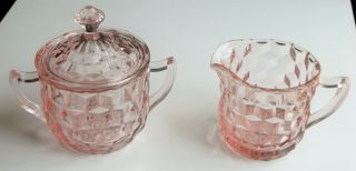Vintage Pink Jeannette Cube Depression Glass Creamer & Lidded Sugar Bowl Set