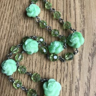 " Roses And Crystals " Green Resin Beads Vintage Necklace Circa 1980s Brasil.