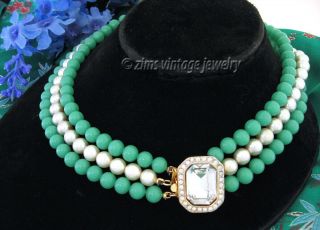 Vintage Kenneth Lane Pearl Jade Green Glass Bead Gold Rhinestone Choker Necklace