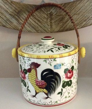 Vintage Ucagco Py Early Provincial Rooster & Roses Porcelain Cookie Biscuit Jar
